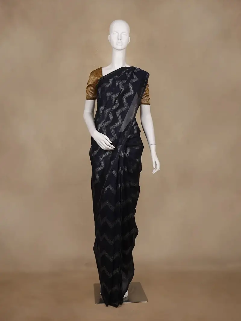 Navy Blue Zigzag Design Kota Cotton Saree 1
