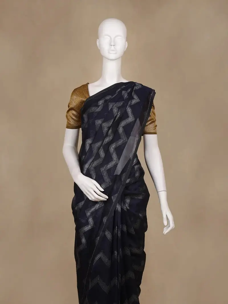 Navy Blue Zigzag Design Kota Cotton Saree 2