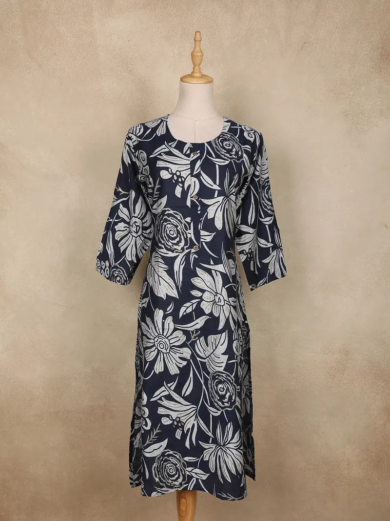 Navy Floral Printed Design Cotton Kurti 1