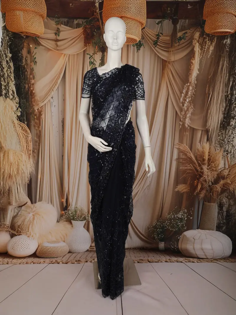 Navy Floral Sequins  And Thread Embroidered Design Net Designer Saree 1
