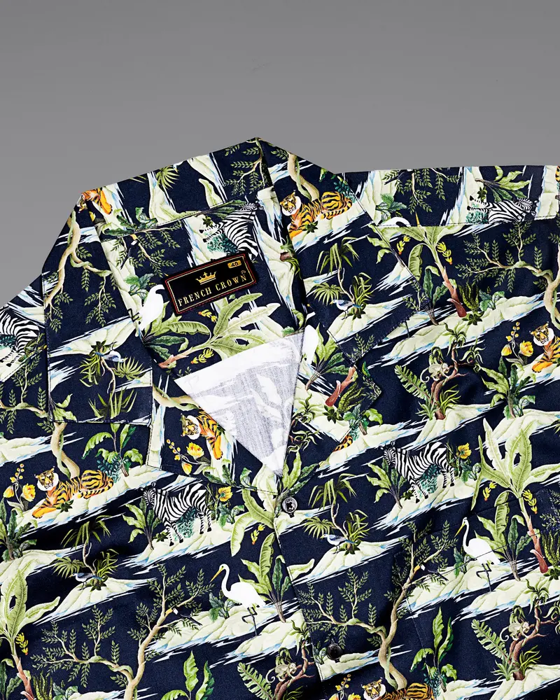 Navy Jungle Art Print Premium Cotton Shirt 4