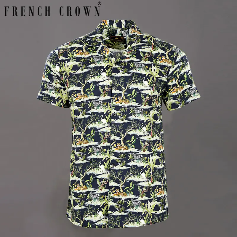 Navy Jungle Art Print Premium Cotton Shirt 7