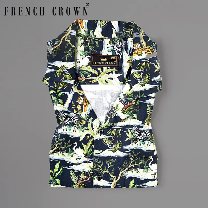 Navy Jungle Art Print Premium Cotton Shirt 9
