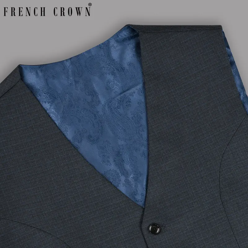 Navy Micro Checked Wool Rich Waistcoat 1