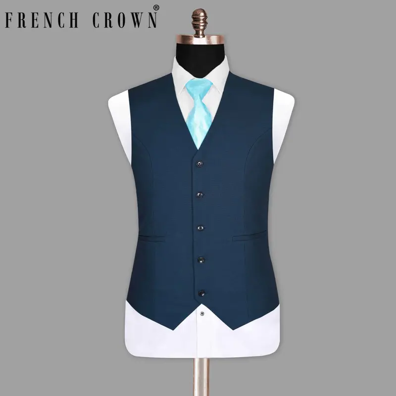 Navy Micro Textured Wool Waistcoat 1