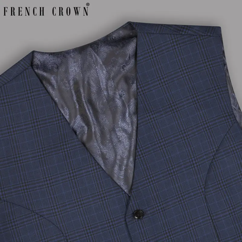 Navy Plaid Wool Blend Waistcoat 1
