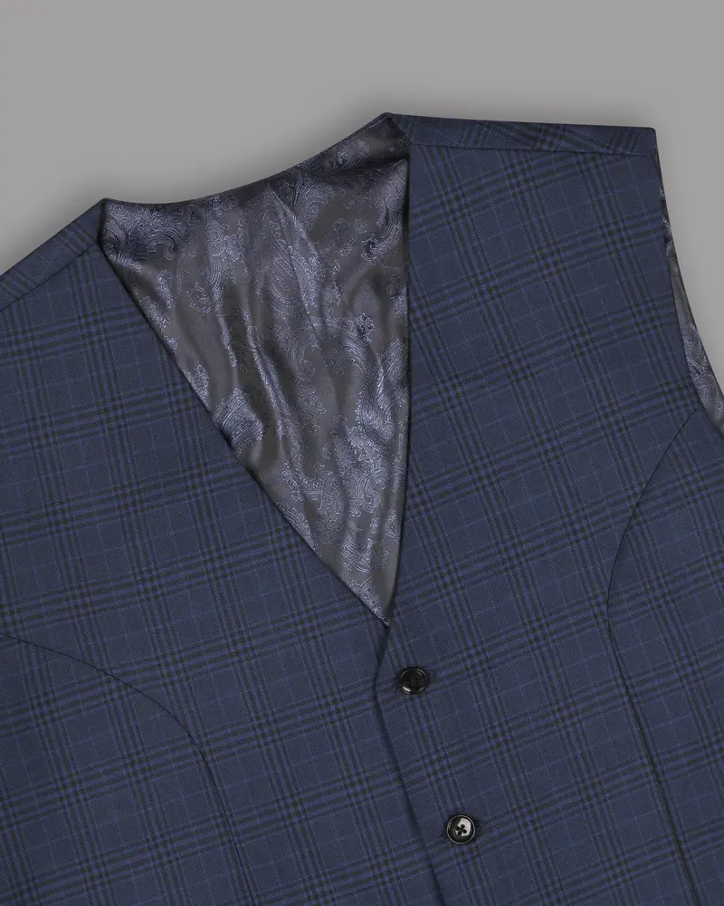 Navy Plaid Wool Blend Waistcoat 2