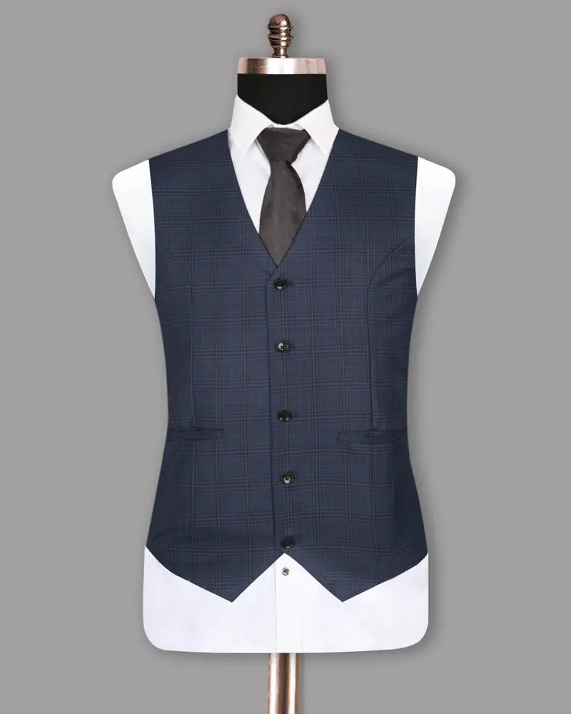 Navy Plaid Wool Blend Waistcoat 4