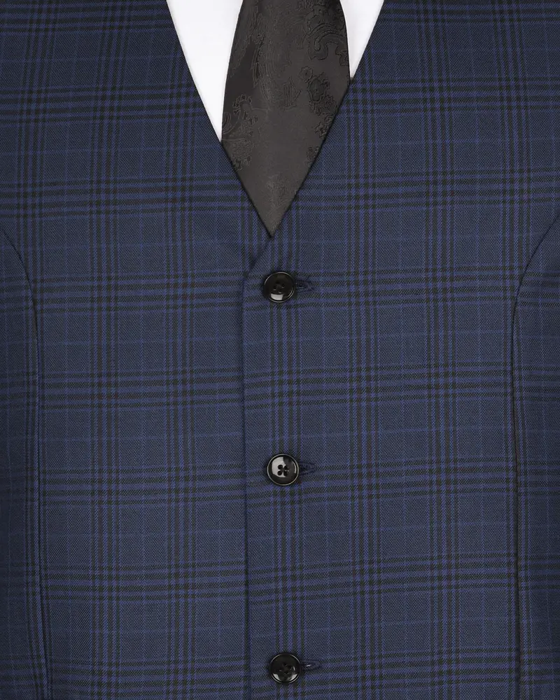 Navy Plaid Wool Blend Waistcoat 5