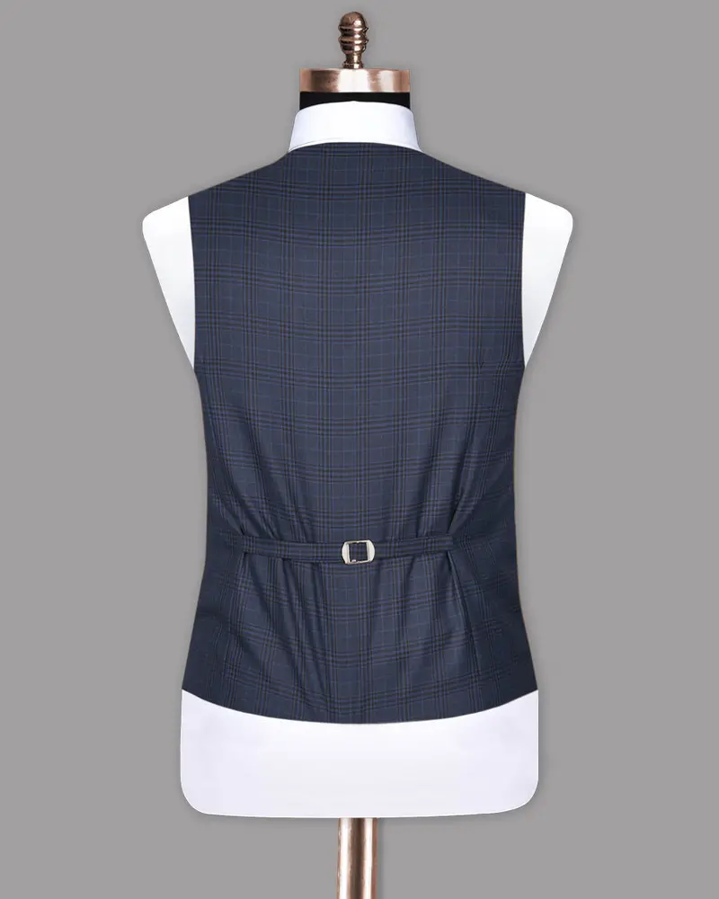 Navy Plaid Wool Blend Waistcoat 6