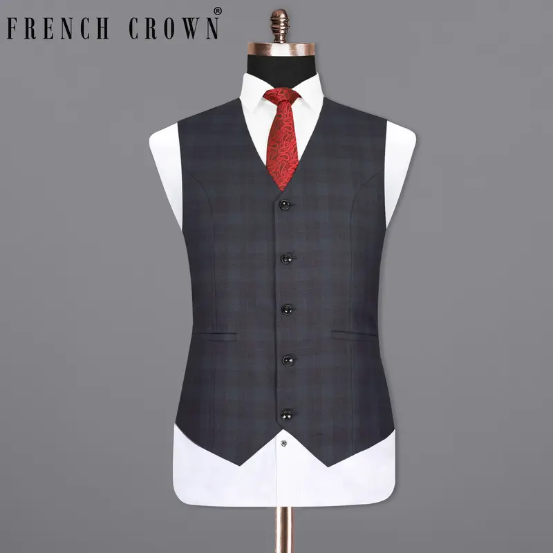 Navy Plaid Wool Rich Waistcoat 1