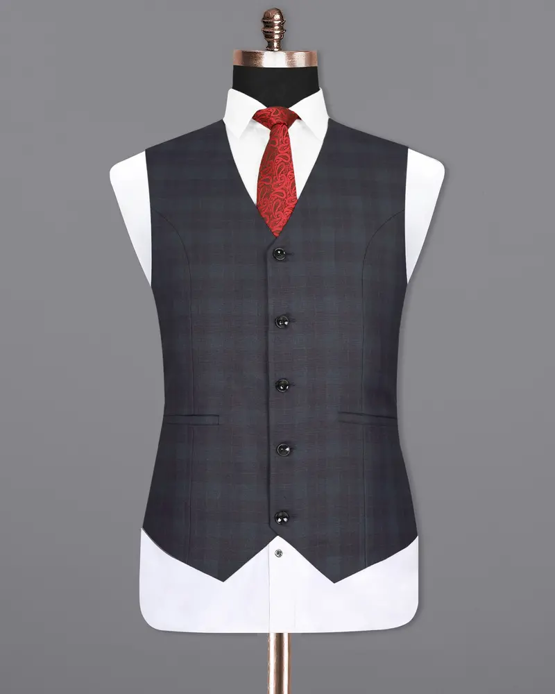 Navy Plaid Wool Rich Waistcoat 2