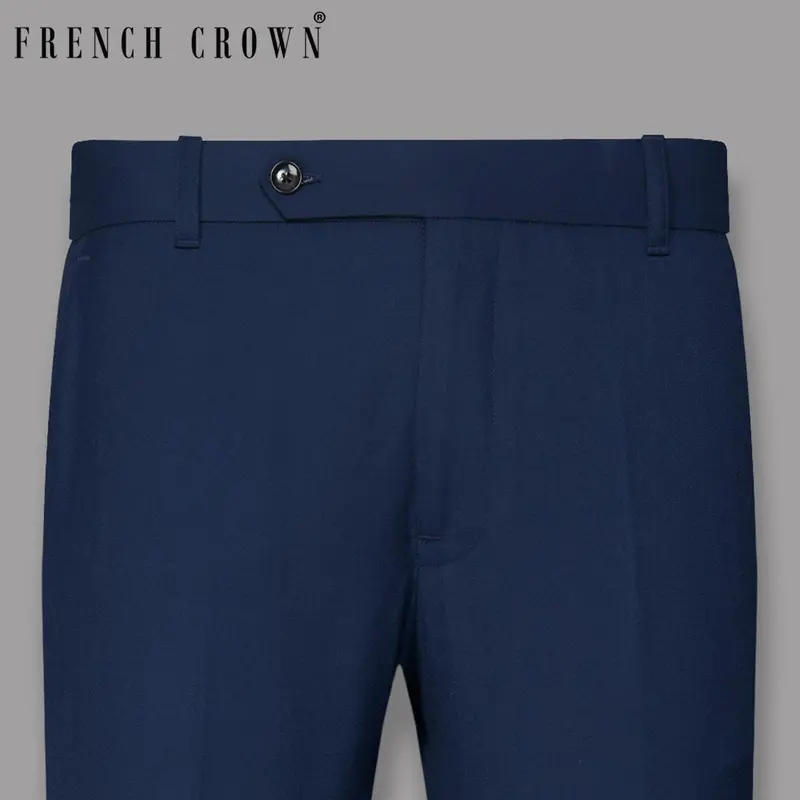 Navy Subtle Checked Wool-Silk Blend Pant 1