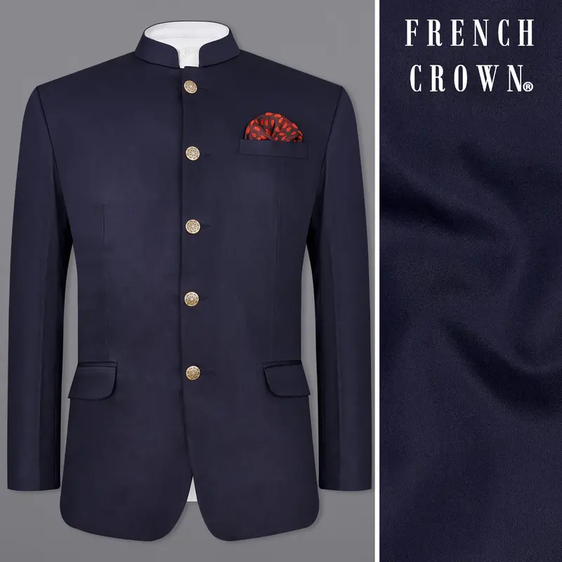 Navy Subtle Sheen Blue Bandhgala Blazer 1