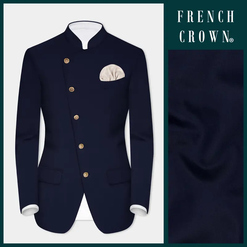 Navy Subtle Sheen Cross Placket Bandhgala/Mandarin Wool-Silk Blend Blazer 1