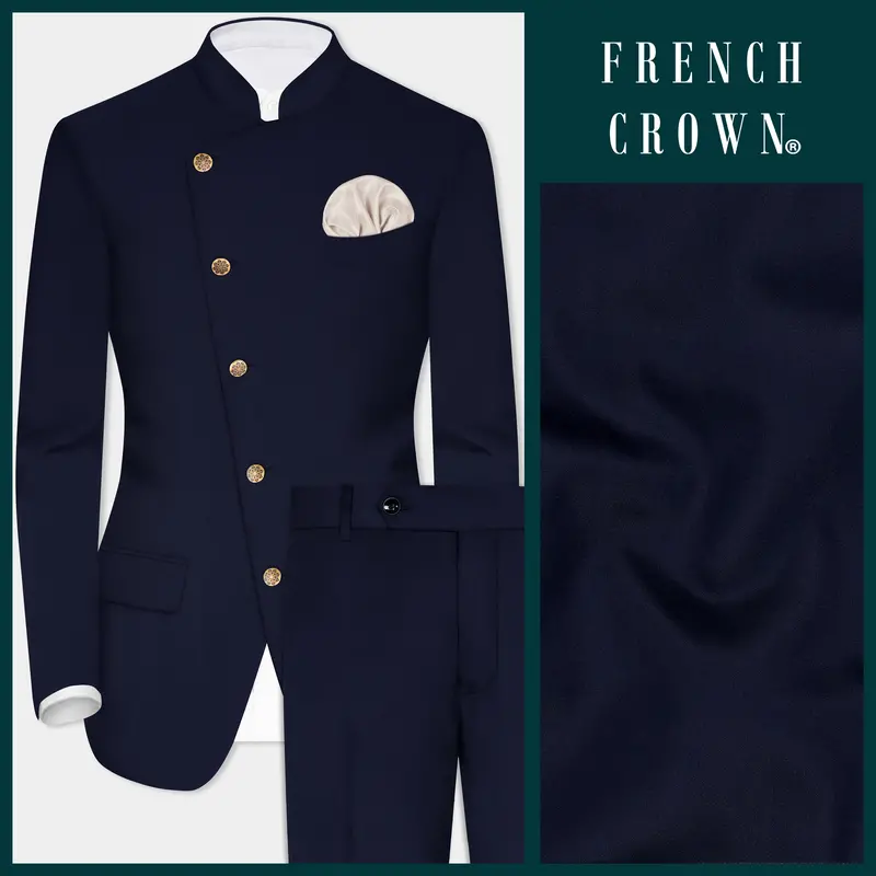 Navy Subtle Sheen Cross Placket Bandhgala/Mandarin Wool-Silk Blend Suit 1