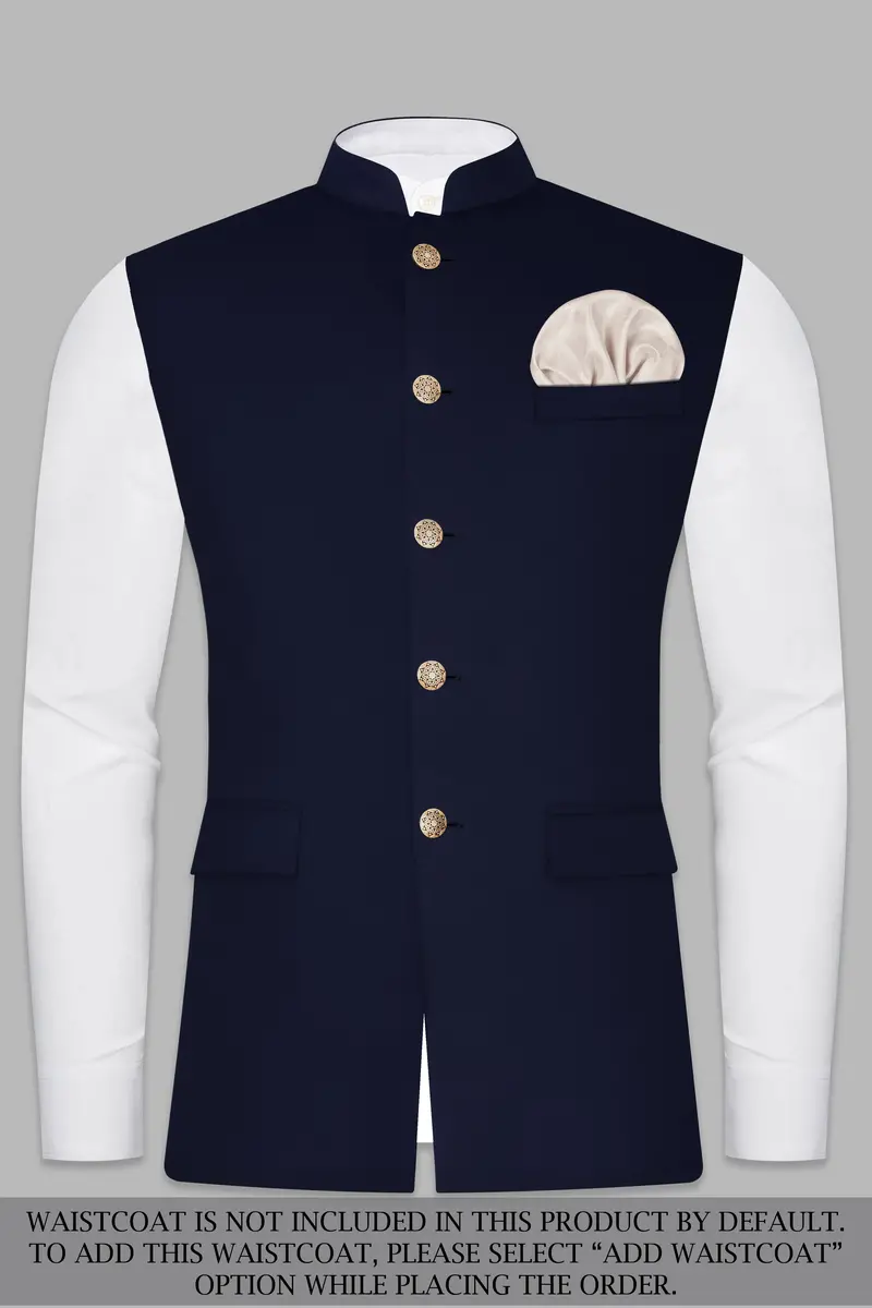 Navy Subtle Sheen Cross Placket Bandhgala/Mandarin Wool-Silk Blend Suit 12