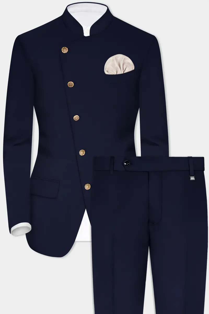 Navy Subtle Sheen Cross Placket Bandhgala/Mandarin Wool-Silk Blend Suit 2