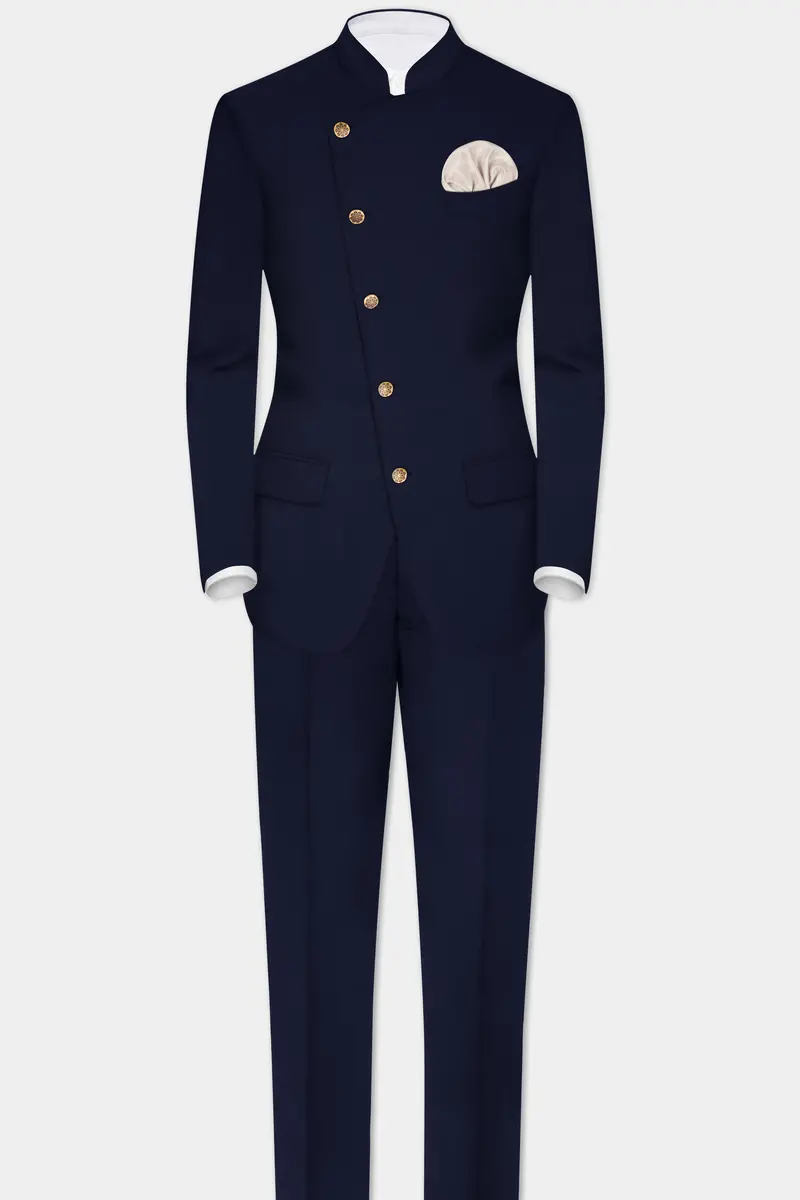 Navy Subtle Sheen Cross Placket Bandhgala/Mandarin Wool-Silk Blend Suit 4