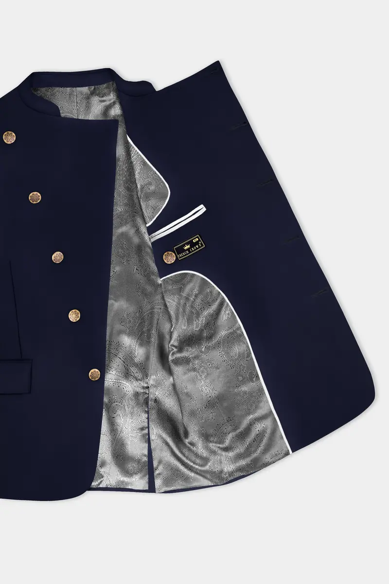Navy Subtle Sheen Cross Placket Bandhgala/Mandarin Wool-Silk Blend Suit 5