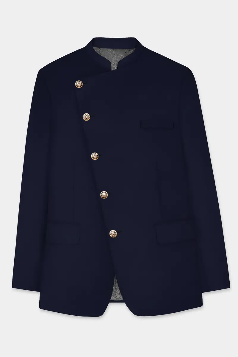 Navy Subtle Sheen Cross Placket Bandhgala/Mandarin Wool-Silk Blend Suit 6