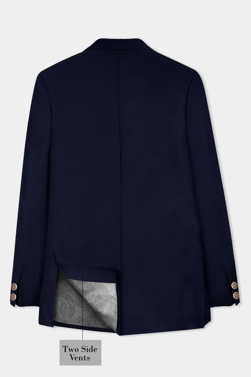 Navy Subtle Sheen Cross Placket Bandhgala/Mandarin Wool-Silk Blend Suit 7
