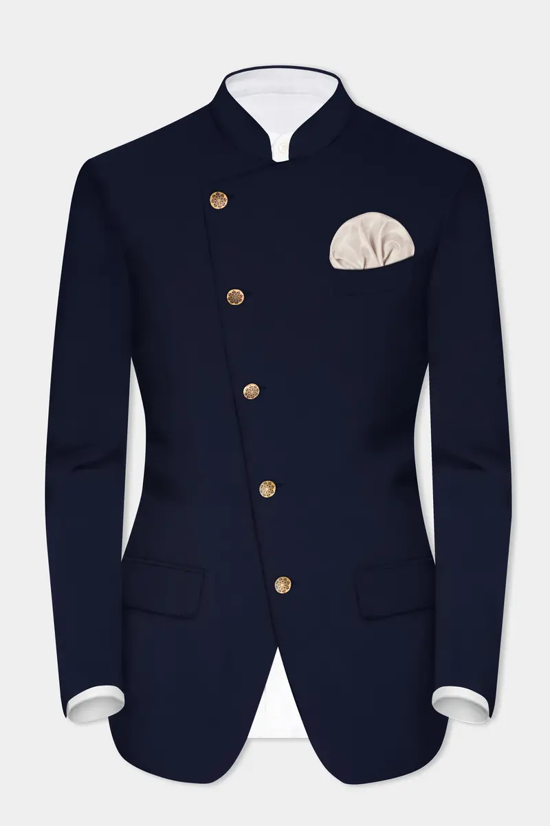 Navy Subtle Sheen Cross Placket Bandhgala/Mandarin Wool-Silk Blend Suit 8