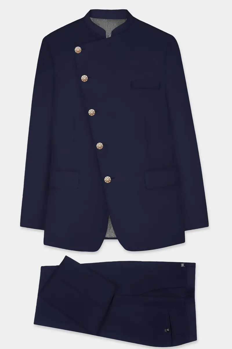 Navy Subtle Sheen Cross Placket Bandhgala/Mandarin Wool-Silk Blend Suit 9