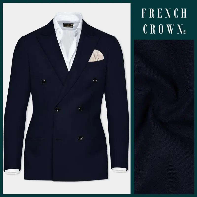 Navy Subtle Sheen Wool Blend Double Breasted Blazer 1