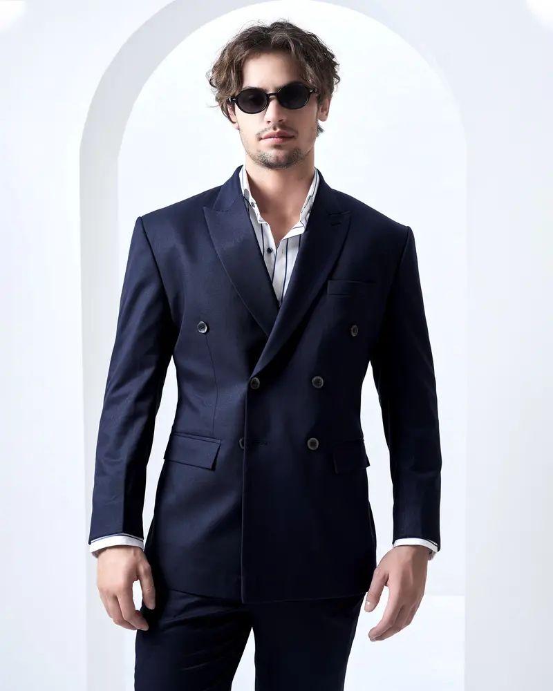 Navy Subtle Sheen Wool Blend Double Breasted Suit 1