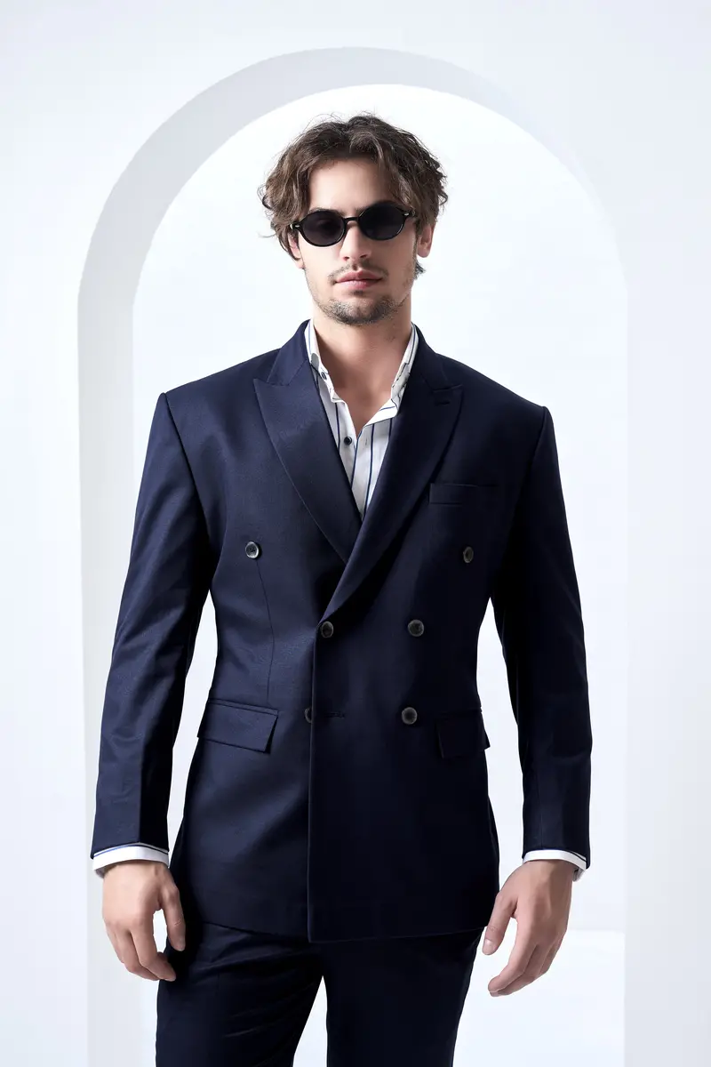 Navy Subtle Sheen Wool Blend Double Breasted Suit 2