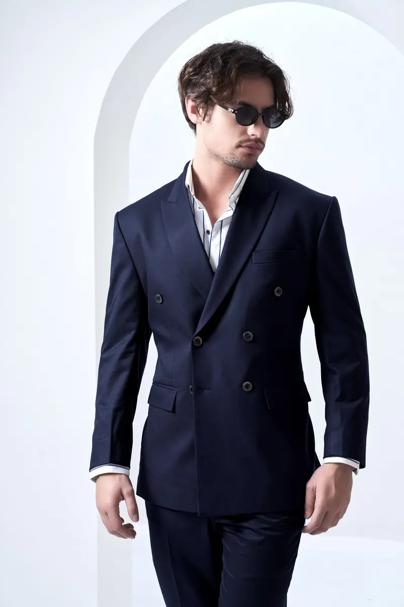 Navy Subtle Sheen Wool Blend Double Breasted Suit 4