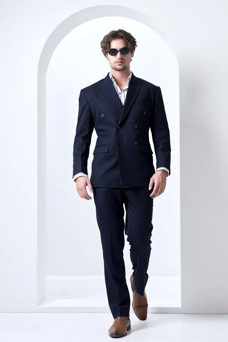 Navy Subtle Sheen Wool Blend Double Breasted Suit 7