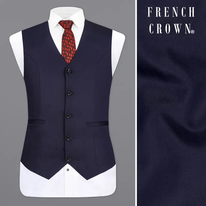Navy Subtle Sheen Wool Blend  Waistcoat 1