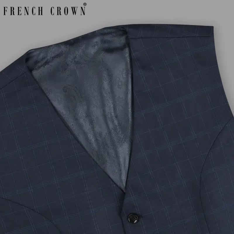 Navy Windowpane Wool Blend Waistcoat 1