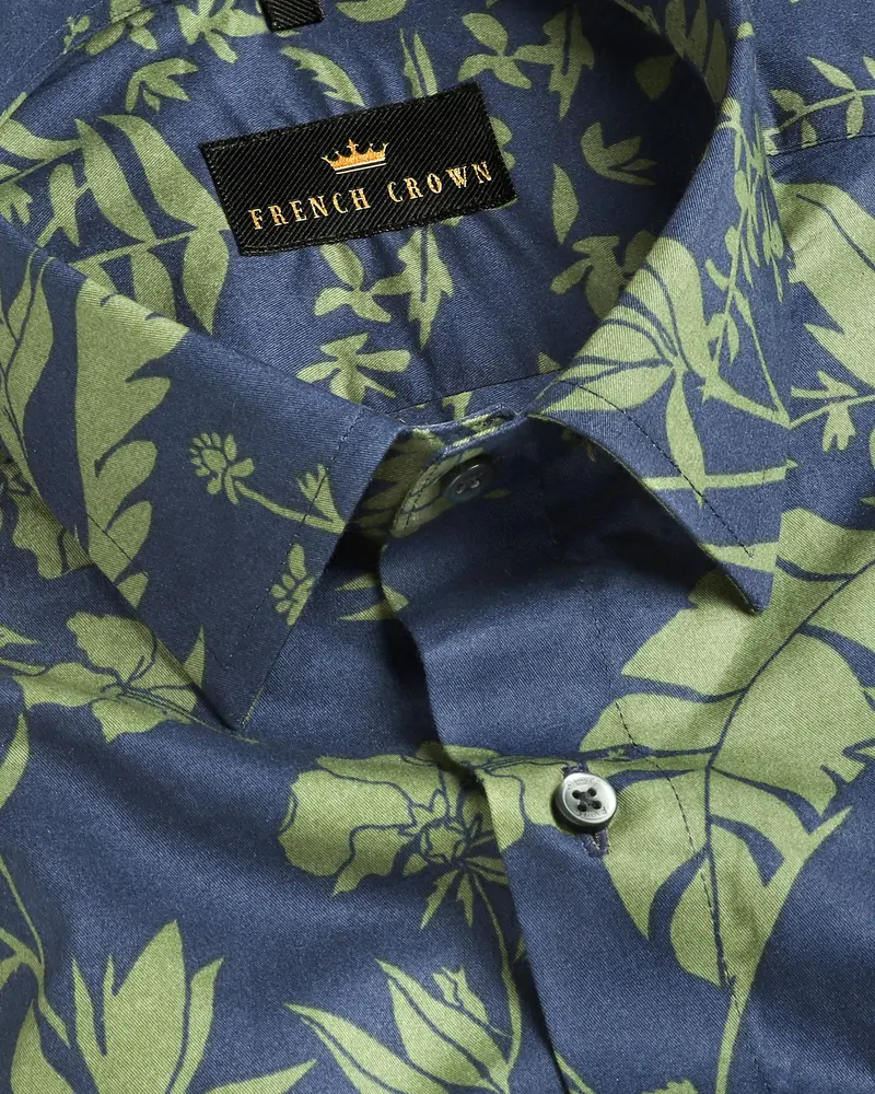 Navy With Basil Green Tropical Print Premium Cotton Shirt 1