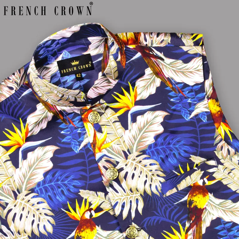 Navy With Colourful Leaves And Parrot Printed Designer Waistcoat 1