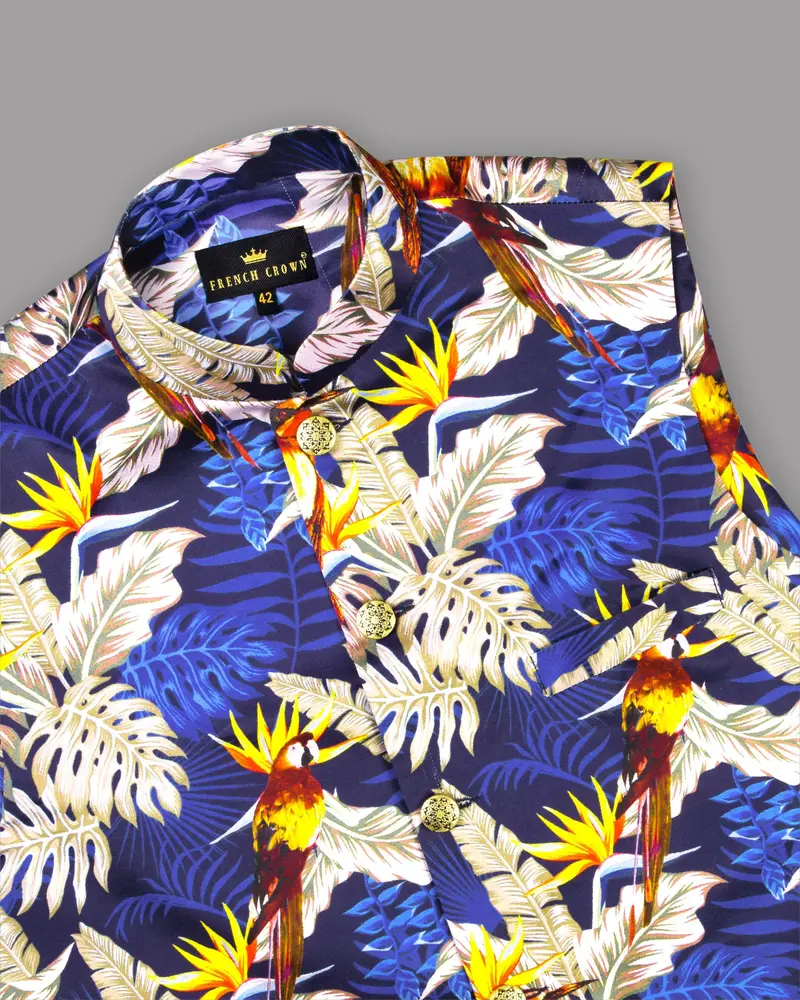 Navy With Colourful Leaves And Parrot Printed Designer Waistcoat 2