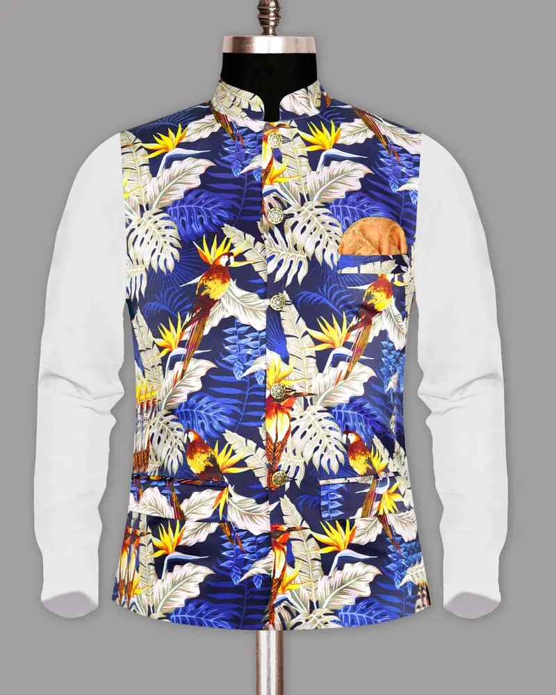 Navy With Colourful Leaves And Parrot Printed Designer Waistcoat 4