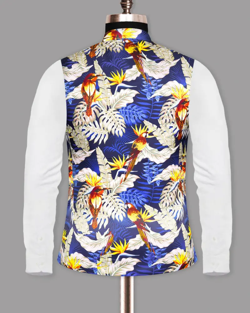 Navy With Colourful Leaves And Parrot Printed Designer Waistcoat 5