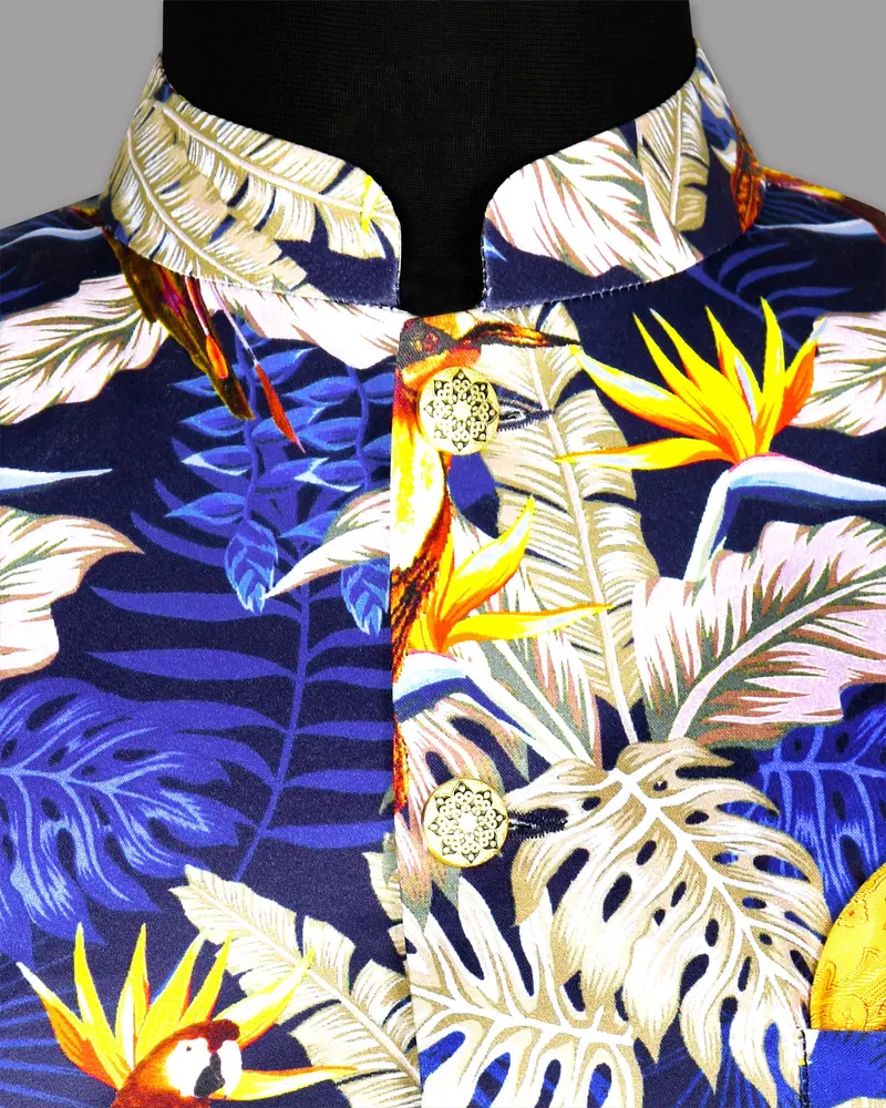 Navy With Colourful Leaves And Parrot Printed Designer Waistcoat 6