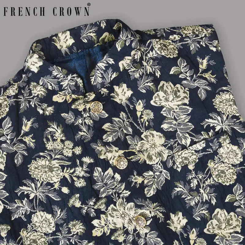 Navy With Golden Flower Jacquard Designer Nehru Jacket 1