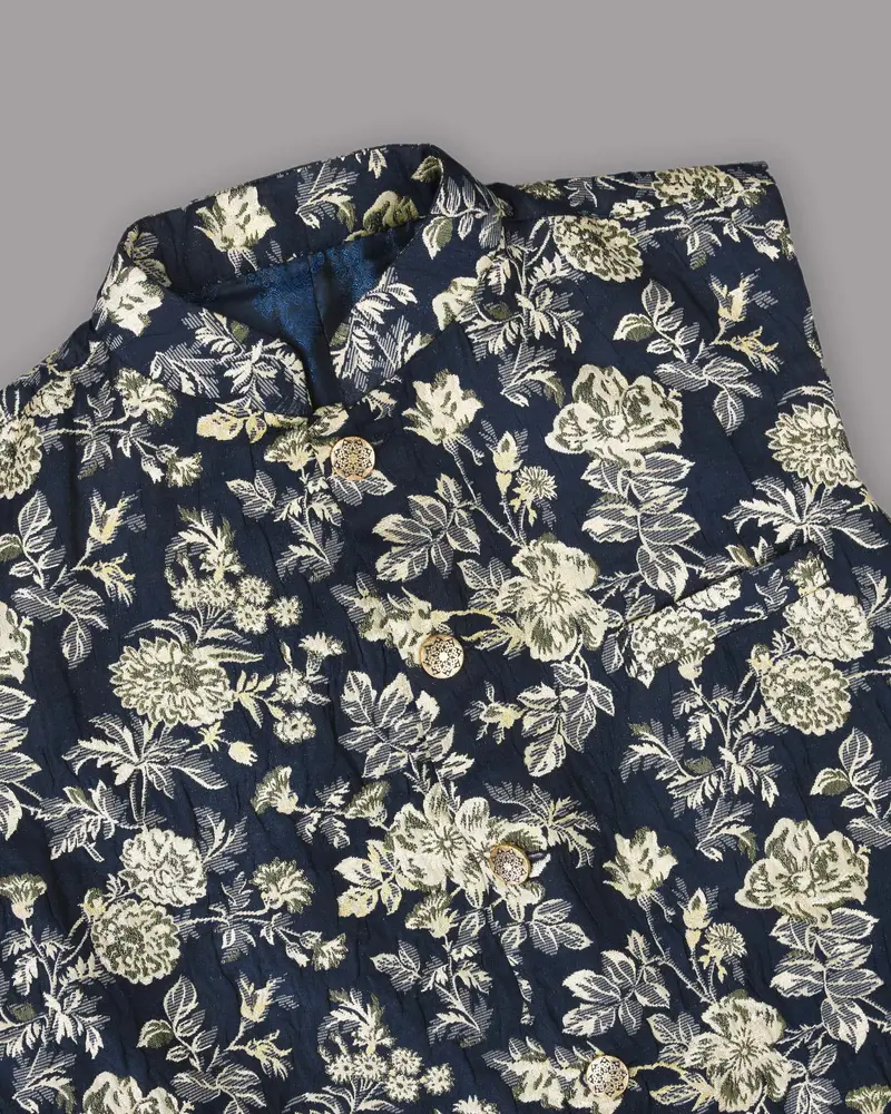 Navy With Golden Flower Jacquard Designer Nehru Jacket 2