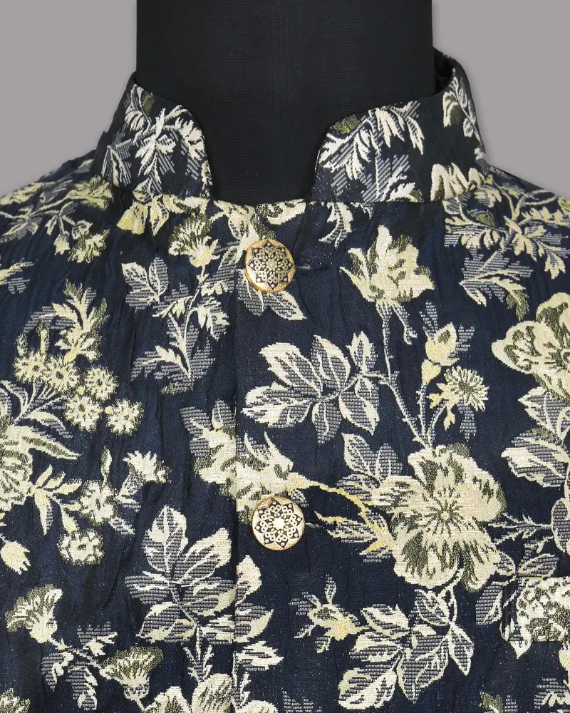 Navy With Golden Flower Jacquard Designer Nehru Jacket 4