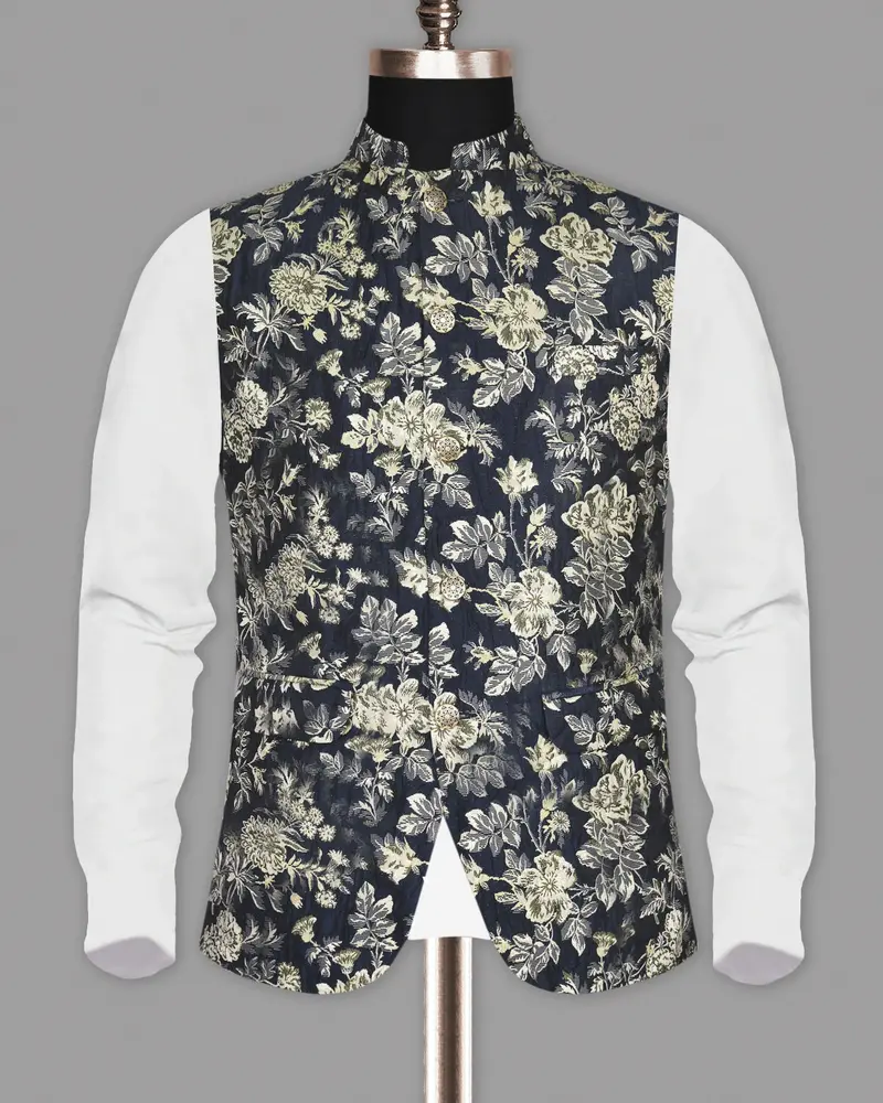 Navy With Golden Flower Jacquard Designer Nehru Jacket 5