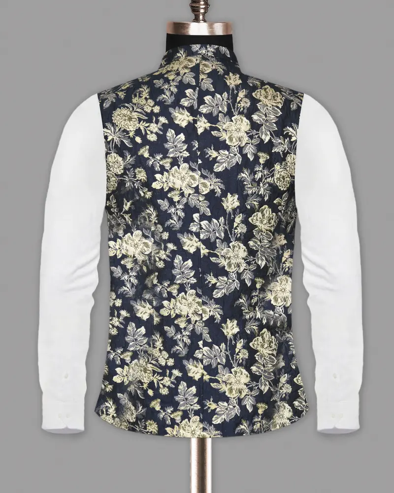 Navy With Golden Flower Jacquard Designer Nehru Jacket 6