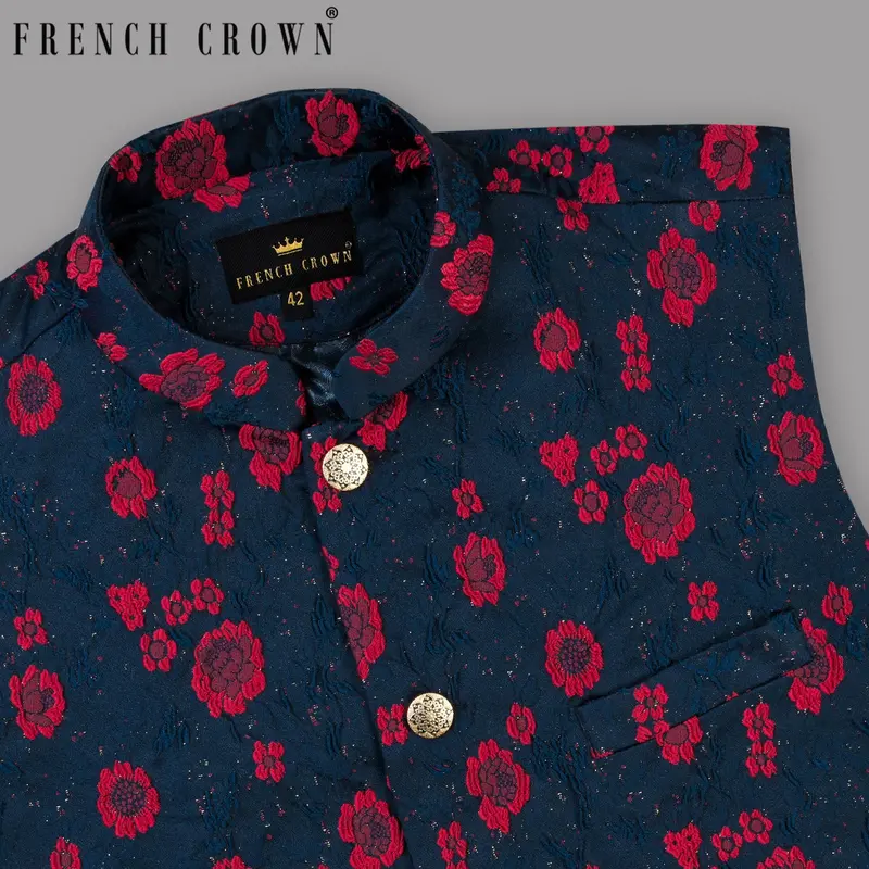 Navy With Red Flower Jacquard Patterned Designer Waistcoat 1