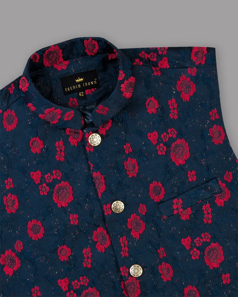 Navy With Red Flower Jacquard Patterned Designer Waistcoat 2