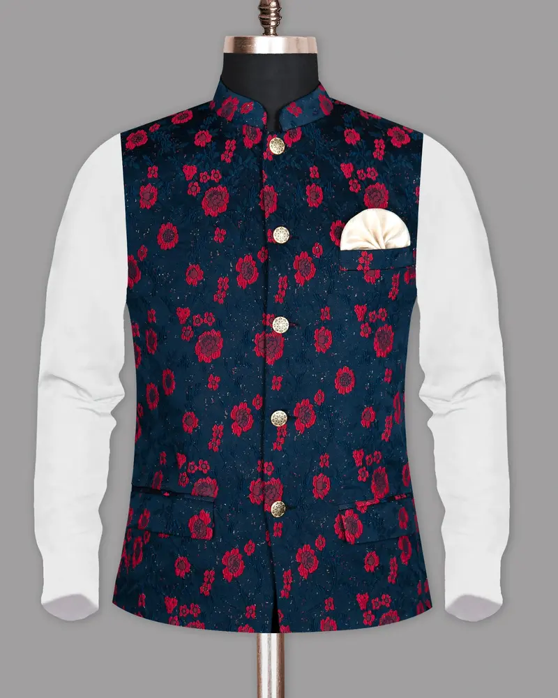 Navy With Red Flower Jacquard Patterned Designer Waistcoat 4