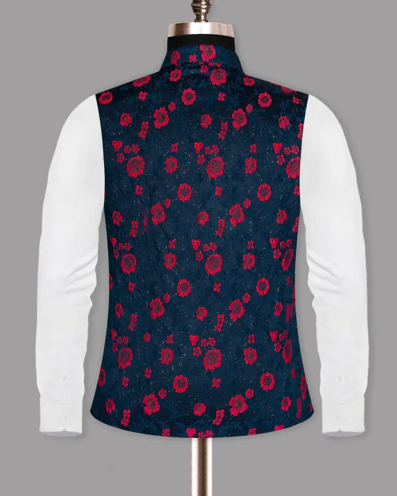 Navy With Red Flower Jacquard Patterned Designer Waistcoat 5